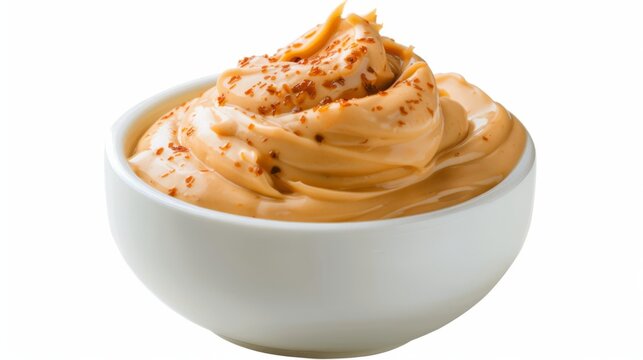 white bowl with chipotle aioli made with mayonnaise, chipotle peppers in adobo sauce, garlic, and lime juice, isolated on a white background, side and top view