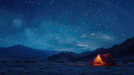 Illuminated Tent Under a Starry Night Sky in a Desert Landscape
