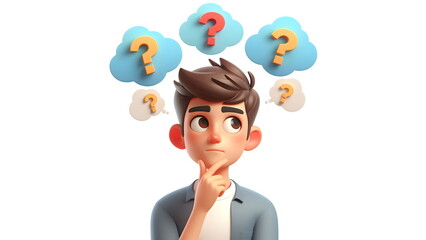 Thinking questioning dreaming planning cartoon character young adult man teen person portrait in 3d style design on white background