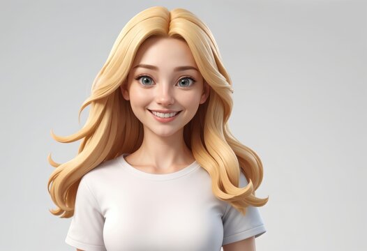 Radiant Blonde Woman with Flowing Hair Wearing White T-shirt, 3D Illustration. 