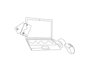 Fototapeta premium Continuous one line drawing of laptop with credit cards. Single line drawing illustration of laptop computer with credit cards. E-commerce, Businnes, Shopping concept line art. Editable outline 