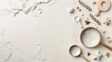 Fototapeta premium Minimalistic kitchen utensils and natural elements arranged on a textured white background. Ideal for culinary and hospitality themes.