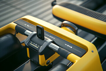 Close-up of a futuristic, yellow and black rowing machine with a digital display.