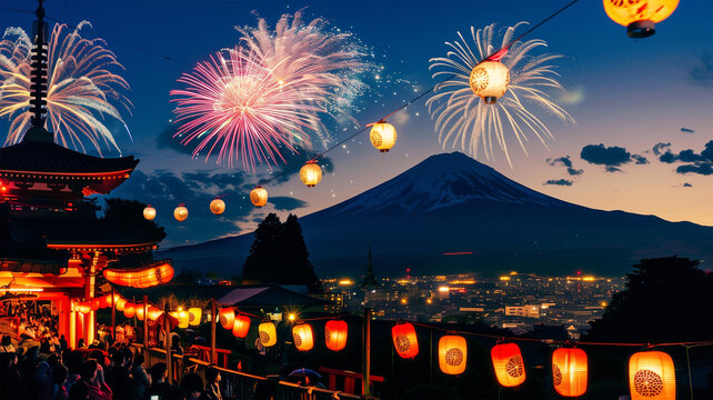 日本の祭りと富士山の花火