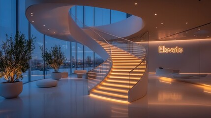 Stylish office lobby with a glowing elevate sign beside a spiral staircase symbolizing progress and sophistication in a contemporary work environment