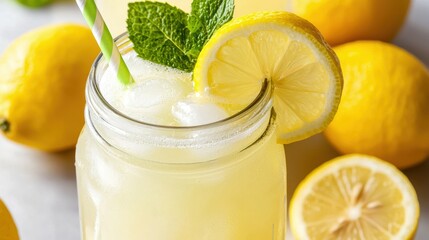 Close-up of lemonade in a mason jar, garnished with a lemon slice and straw
