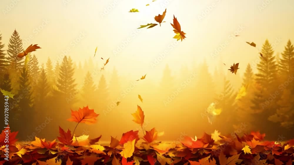 Poster This Leaves float down softly in a tranquil forest during autumn twilight.