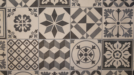 background seamless texture of old stone wall ancient azulejo patchwork tile surface header in web panorama