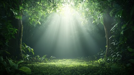 Obraz premium An ethereal light shining through a peaceful forest, symbolizing trust and spiritual tranquility