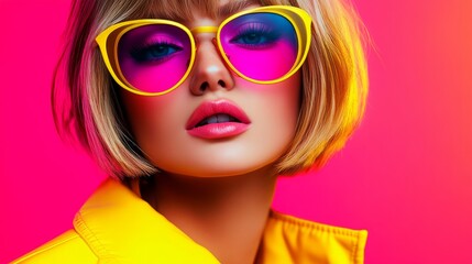Obraz premium Beauty Short hair Makeup Neon, close-up portraits, fashion photography, Vintage style, vintage colors,