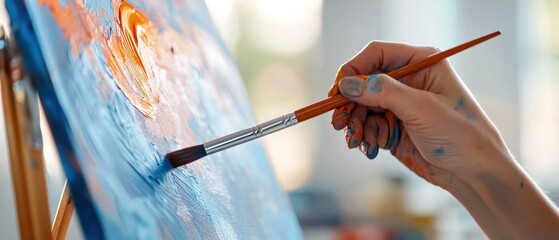 Intense colors in a studio, artist painting on canvas, close up, double exposure silhouette, abstract elements