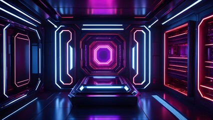 A neon room with a bed in the middle