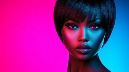 Obraz premium Beauty Short hair Makeup Neon, close-up portraits, fashion photography, Vintage style, vintage colors,