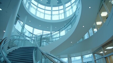 Obraz premium Modern architectural interior with a curved glass staircase, skylights, and natural light flooding the open space of a contemporary building.