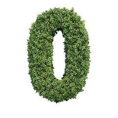 Realistic plant leaves bush alphabet number 0 zero isolated on transparent background. It is part of a set which also includes letters and shapes.
