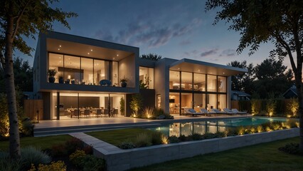 Obraz premium A modern high-tech house, surrounded by automated gardens and smart home devices.