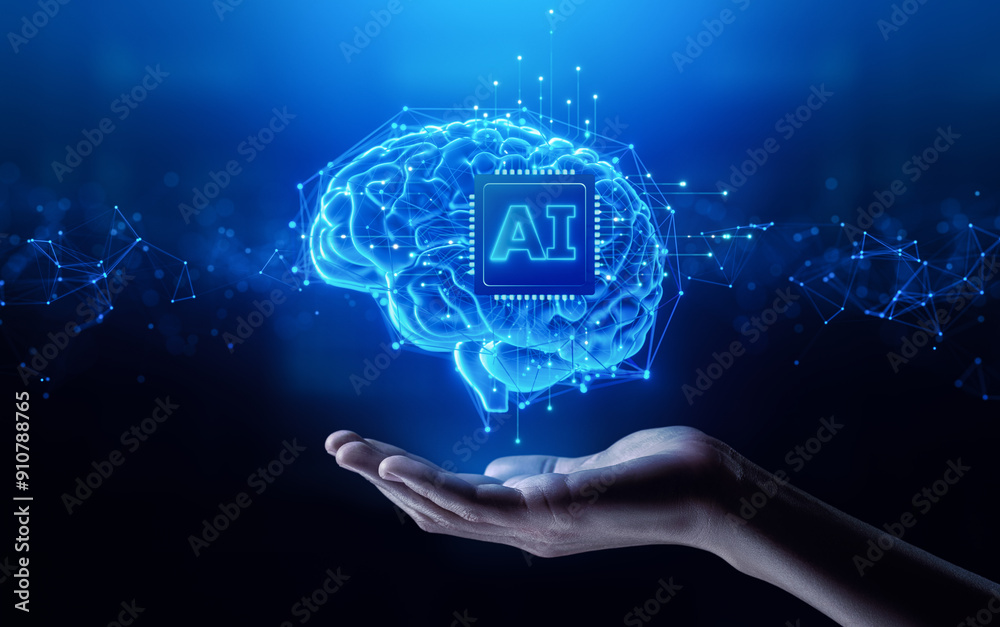 Wall mural ai and machine learning: hand holding a human brain with an artificial intelligence chip. big data, 