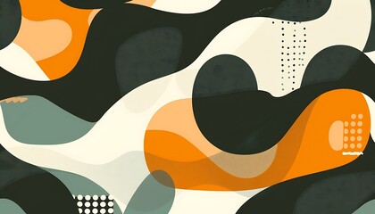 Abstract geometric pattern with green, orange, white, and black shapes.