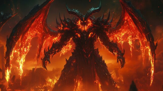 Majestic fiery demon with wings in a hellish landscape.