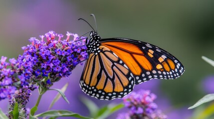 Obraz premium Monarch butterfly on purple flowers in nature close-up