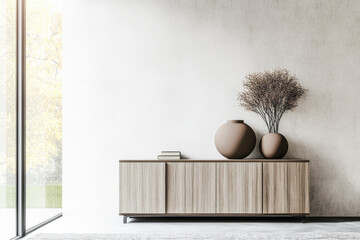 Obraz premium Elegant sideboard next to a large window in an apartment room. Interior design composition with copyspace.