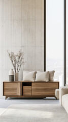 Elegant sideboard next to a large window in an apartment room. Interior design composition with copyspace.