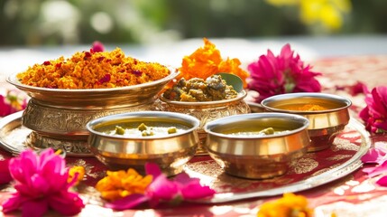 Fototapeta premium Beautiful traditional Indian food in gold bowls