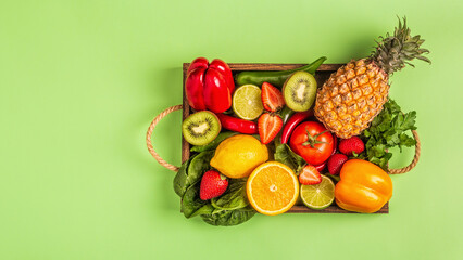 Fruits and vegetables rich in vitamin C in box.