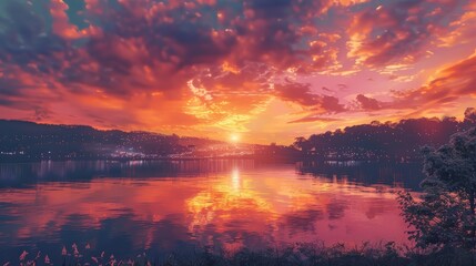 Obraz premium Springtime sunsets paint the sky in hues of pink and orange, casting a warm glow over landscapes and cityscapes alike