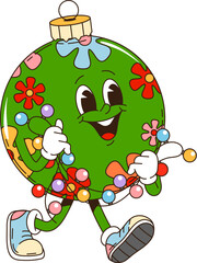 Retro groovy Christmas ball character with garland. Isolated cartoon vector bauble with smiling face and floral pattern holding a string of lights. Vintage xmas decor personage celebrates holiday