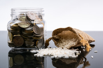 Coins bank and rice.