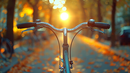 vintage bicycle, handlebar on the background of an autumn park, background copy space, backdrop October