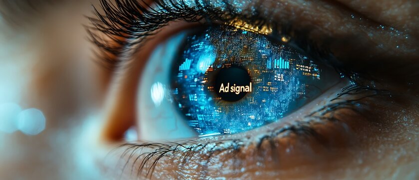 Close-up of an eye with a digital city and ad signal in the iris.