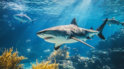 Obraz premium Sharks swim in a vibrant underwater coral reef scene.