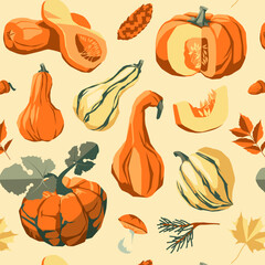Pumpkin pattern. Autumn holiday season. Harvest, Thanksgiving and Halloween. Vector flat illustration