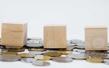 A wooden blocks and coins. Isolated with white background.