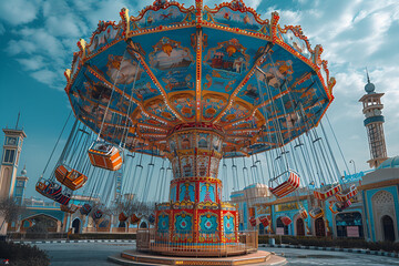  A vibrant carousel ride in a park, featuring colorful horses and joyful riders enjoying a sunny day.
