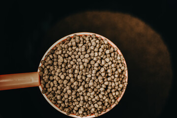 Dry food for animals. Animal food close-up top view. Granulated food for fish or dog. Copy Space background