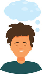 Young man is smiling and daydreaming with a thought bubble above his head