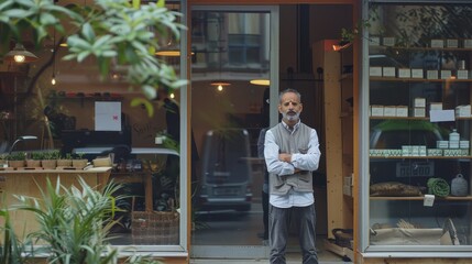 A business owner enjoys the tranquility outside his plant shop in an urban setting