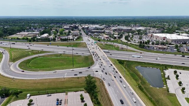 Drone shot pushing in on Interstate 69 in Fishers, Indiana.