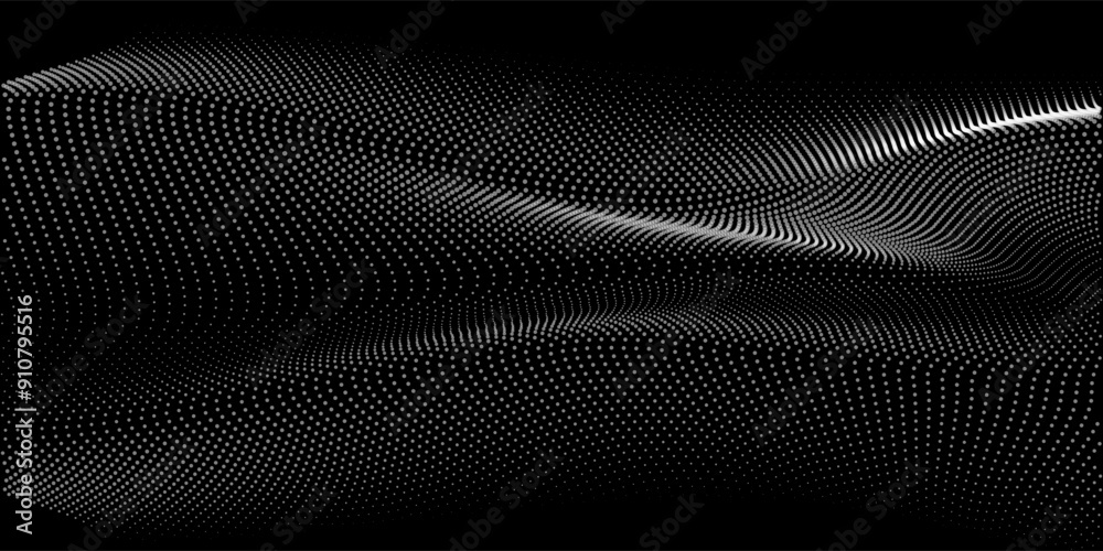 Poster Flowing dots particles wave pattern 3D curve halftone gradient curve shape isolated on black background. Vector in concept of technology, science, music, modern.
