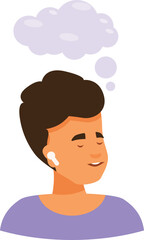Young man enjoying music in earphones with closed eyes and dreaming, thought bubble above his head