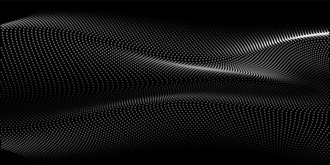 Flowing dots particles wave pattern 3D curve halftone gradient curve shape isolated on black background. Vector in concept of technology, science, music, modern.