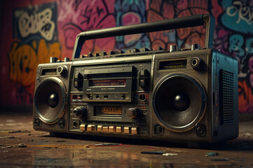 Fototapeta premium Retro cassette recorder, ghetto blaster or boombox in a graffiti covered room.