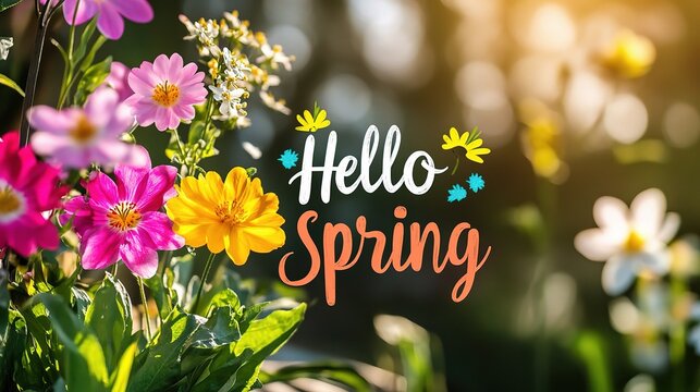 Hello Spring: A vibrant bouquet of colorful spring flowers in bloom, bathed in warm sunlight, with the message "Hello Spring" overlayed, creating a joyful and hopeful atmosphere.  