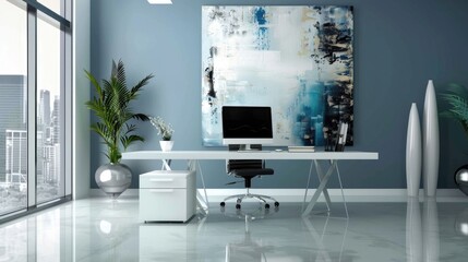 Modern minimalist office space with a clean desk and large abstract art