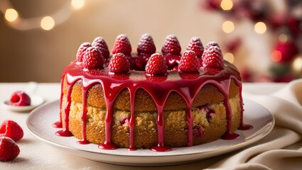 A mouthwatering raspberry bakewell cake with layers of fluffy sponge tangy raspberry jam. Birthday spongecake with raspberries decorated. easter cake. birthday cake