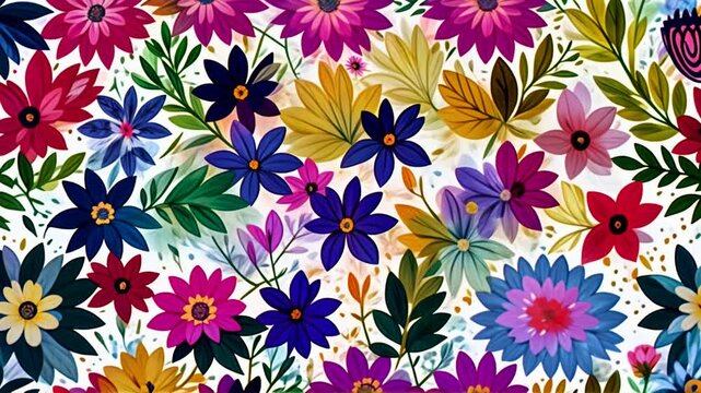 Looped seamless animation with colorful flowers pattern and autumn leaves. Natural watercolor floral background. Seasonal footage in cartoon style.