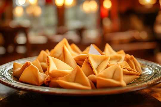 Golden fortune cookies with hidden messages on a decorative plate in a traditional Chinese restaurant with warm ambiance